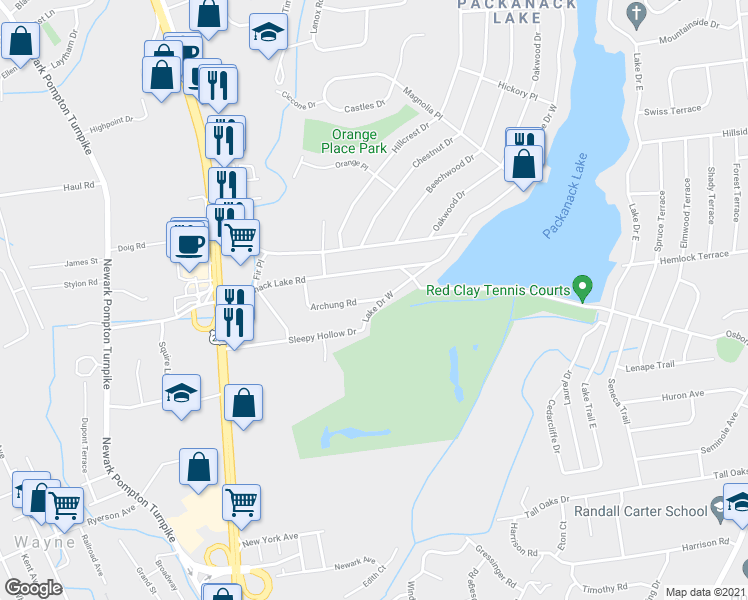 map of restaurants, bars, coffee shops, grocery stores, and more near 31 Archung Road in Wayne