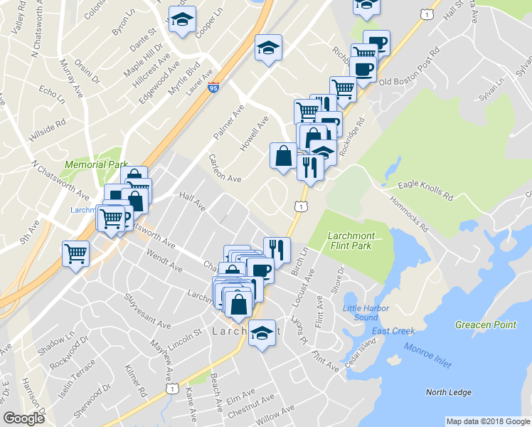 map of restaurants, bars, coffee shops, grocery stores, and more near 7 Harmony Drive in Larchmont