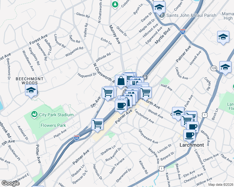 map of restaurants, bars, coffee shops, grocery stores, and more near 2 Washington Square in Larchmont