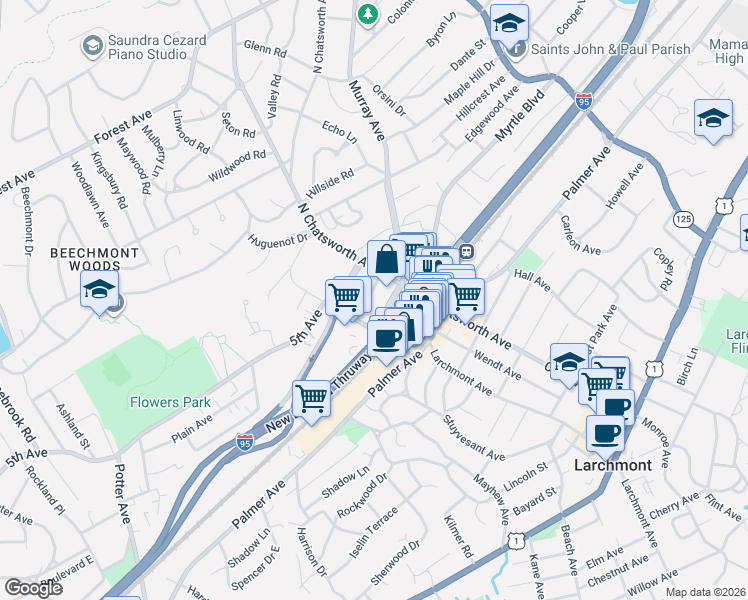 map of restaurants, bars, coffee shops, grocery stores, and more near 2 Washington Square in Larchmont