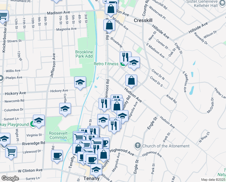 map of restaurants, bars, coffee shops, grocery stores, and more near 105 Piermont Road in Tenafly