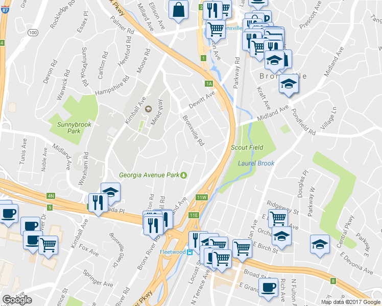 map of restaurants, bars, coffee shops, grocery stores, and more near 95 Georgia Avenue in Yonkers