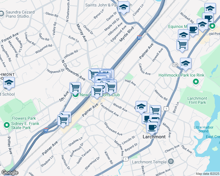map of restaurants, bars, coffee shops, grocery stores, and more near 4 Franklin Avenue in Larchmont
