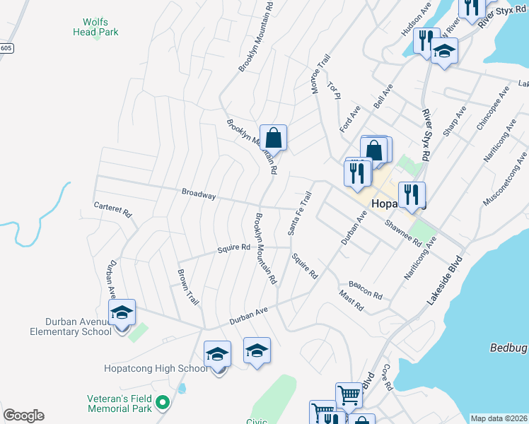 map of restaurants, bars, coffee shops, grocery stores, and more near 419 Brooklyn Mountain Road in Hopatcong