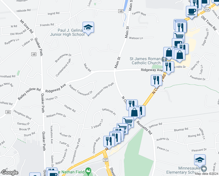 map of restaurants, bars, coffee shops, grocery stores, and more near 4 Waterloo Lane in Setauket- East Setauket