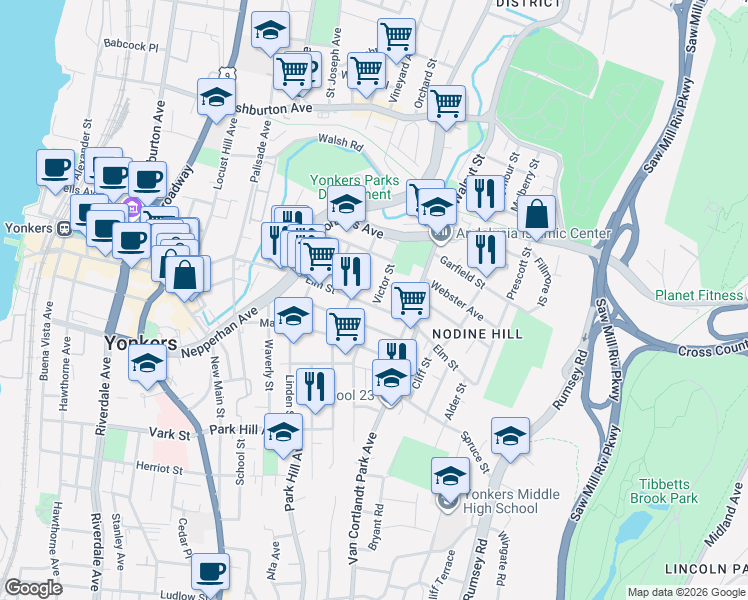 map of restaurants, bars, coffee shops, grocery stores, and more near 50 Victor Street in Yonkers