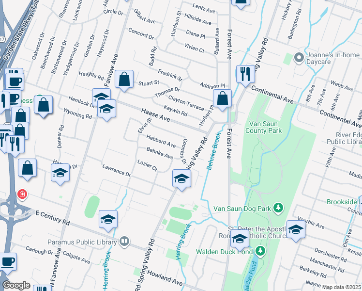 map of restaurants, bars, coffee shops, grocery stores, and more near 189 Hebberd Avenue in Paramus