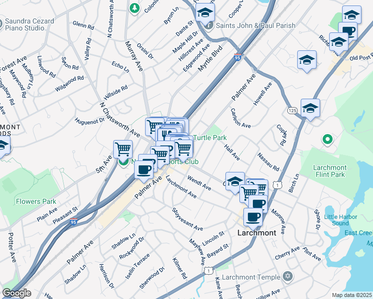 map of restaurants, bars, coffee shops, grocery stores, and more near 4 Franklin Avenue in Larchmont