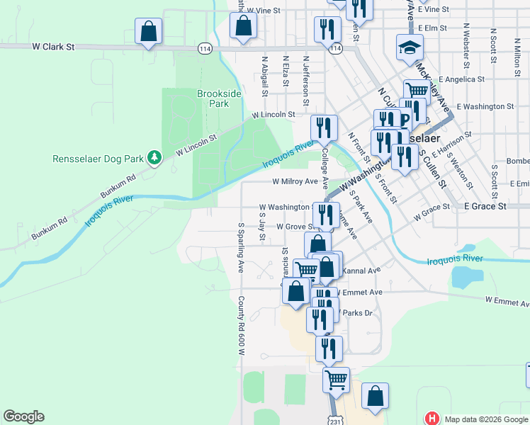 map of restaurants, bars, coffee shops, grocery stores, and more near 901-999 W Washington St in Rensselaer