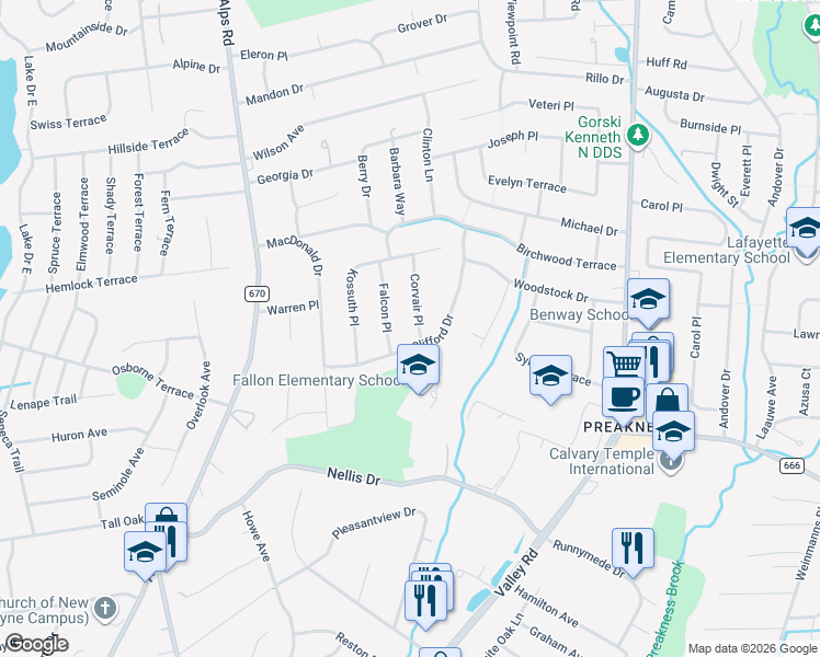 map of restaurants, bars, coffee shops, grocery stores, and more near 11 Corvair Place in Wayne