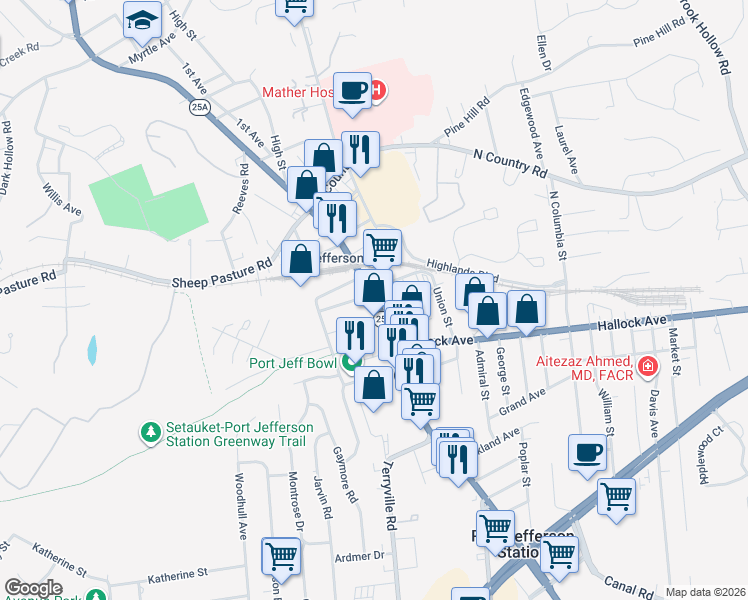 map of restaurants, bars, coffee shops, grocery stores, and more near 203 Patchogue Road in Port Jefferson Station