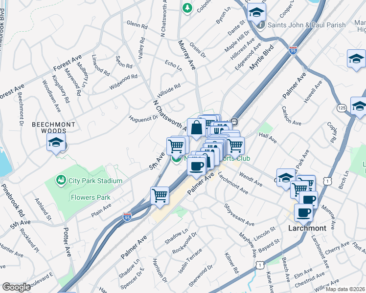 map of restaurants, bars, coffee shops, grocery stores, and more near 2 Washington Square in Larchmont