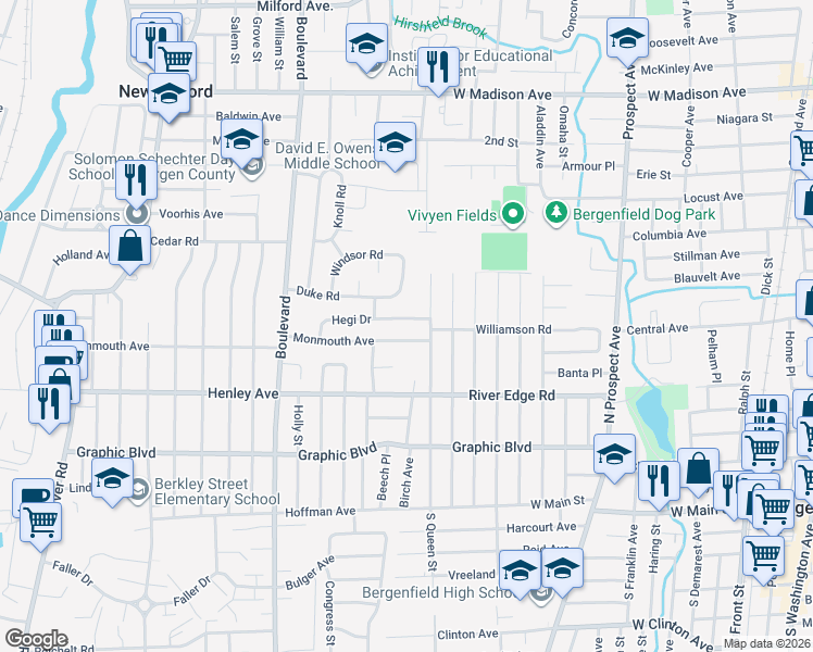 map of restaurants, bars, coffee shops, grocery stores, and more near 182 North Queen Street in Bergenfield