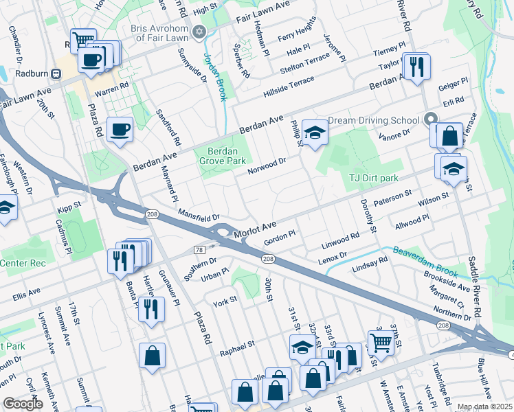 map of restaurants, bars, coffee shops, grocery stores, and more near 6 Maywood Court in Fair Lawn