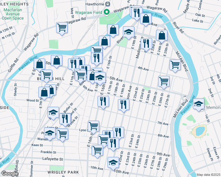 map of restaurants, bars, coffee shops, grocery stores, and more near 162 East 17th Street in Paterson