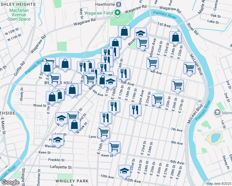 map of restaurants, bars, coffee shops, grocery stores, and more near 162 East 17th Street in Paterson