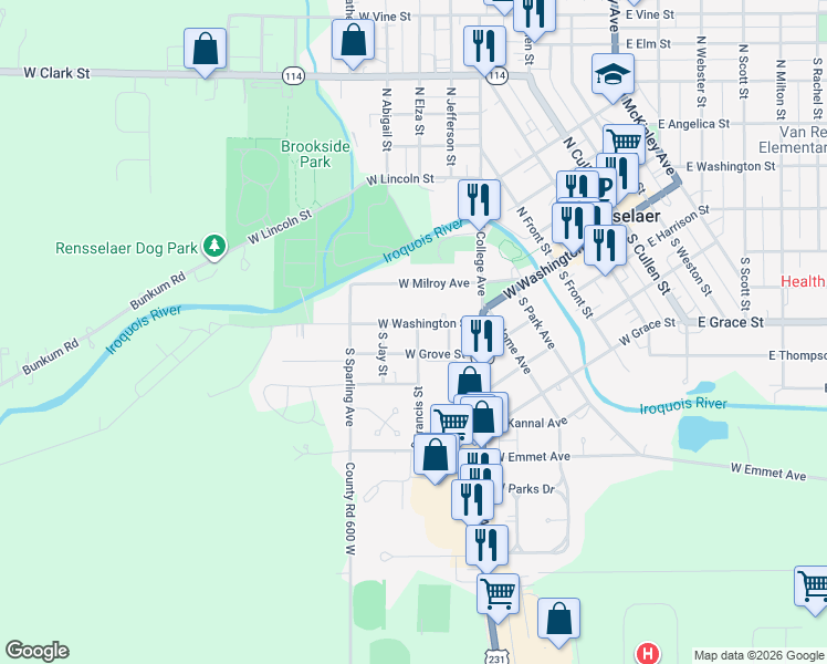 map of restaurants, bars, coffee shops, grocery stores, and more near 801 West Washington Street in Rensselaer