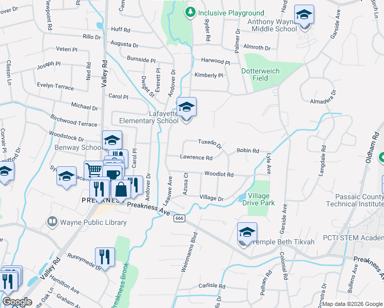 map of restaurants, bars, coffee shops, grocery stores, and more near 23 Lawrence Road in Wayne
