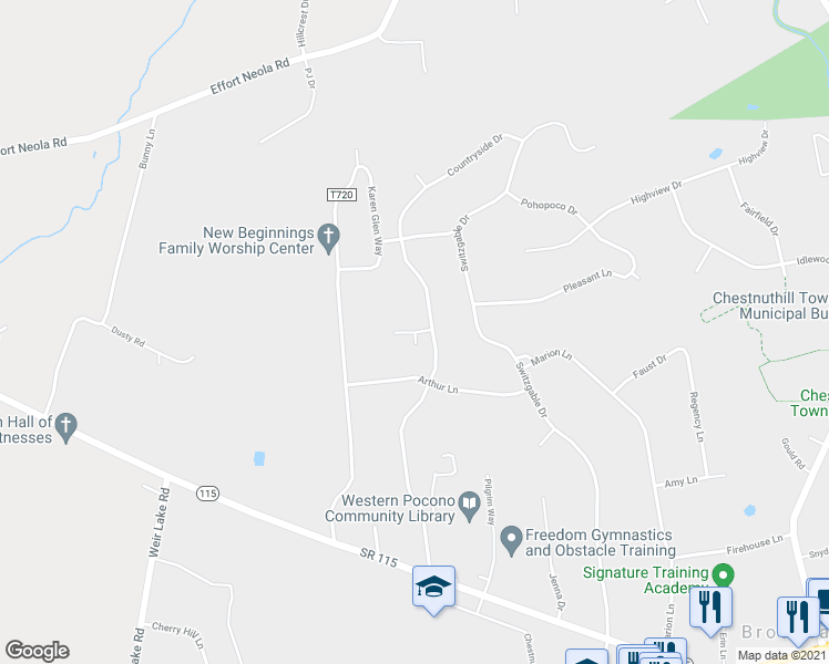 map of restaurants, bars, coffee shops, grocery stores, and more near Edgewood Drive in Brodheadsville