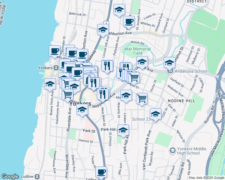 map of restaurants, bars, coffee shops, grocery stores, and more near 159 Nepperhan Avenue in Yonkers