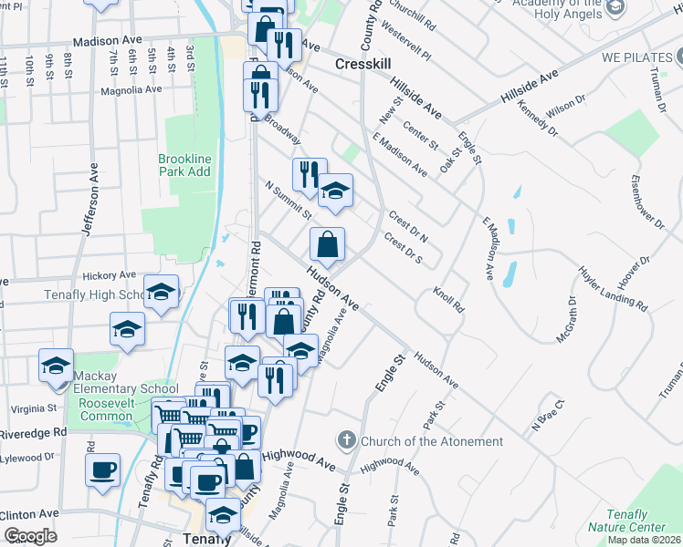 map of restaurants, bars, coffee shops, grocery stores, and more near 255 County Road in Tenafly