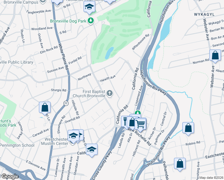 map of restaurants, bars, coffee shops, grocery stores, and more near 29 Hathaway Road in Bronxville
