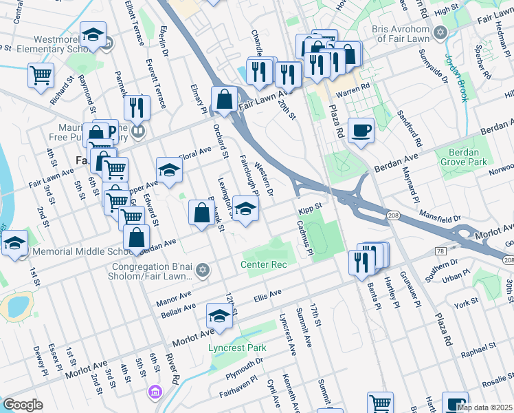 map of restaurants, bars, coffee shops, grocery stores, and more near 15-15 Berdan Avenue in Fair Lawn