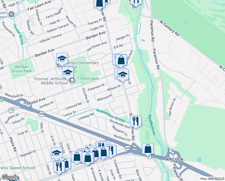 map of restaurants, bars, coffee shops, grocery stores, and more near 39-02 Wilson Street in Fair Lawn