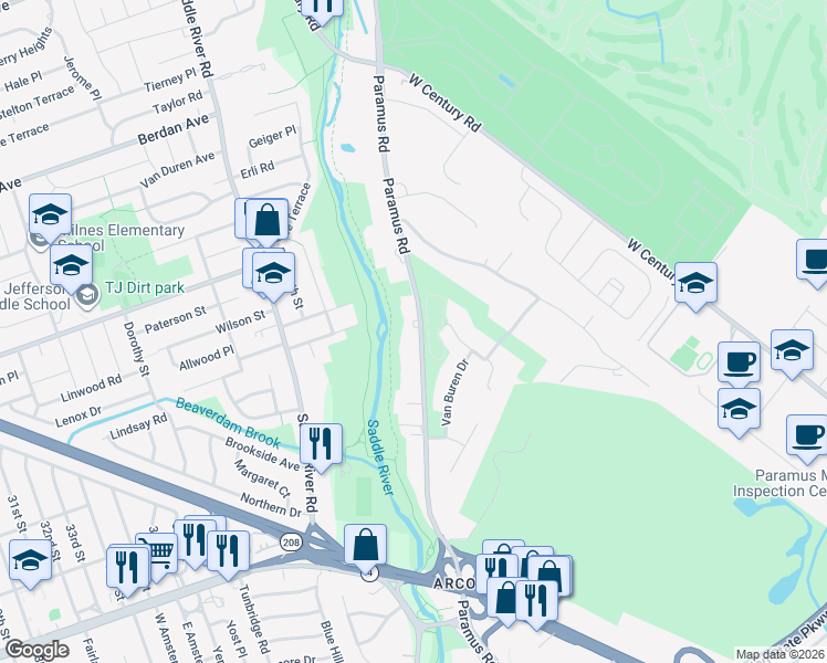 map of restaurants, bars, coffee shops, grocery stores, and more near 109 Paramus Road in Paramus