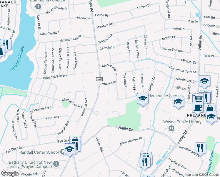 map of restaurants, bars, coffee shops, grocery stores, and more near 7 White Birch Court in Wayne