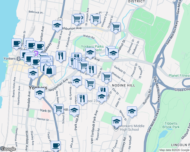 map of restaurants, bars, coffee shops, grocery stores, and more near 163 Elm Street in Yonkers