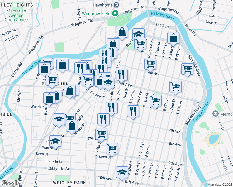 map of restaurants, bars, coffee shops, grocery stores, and more near 162 East 17th Street in Paterson