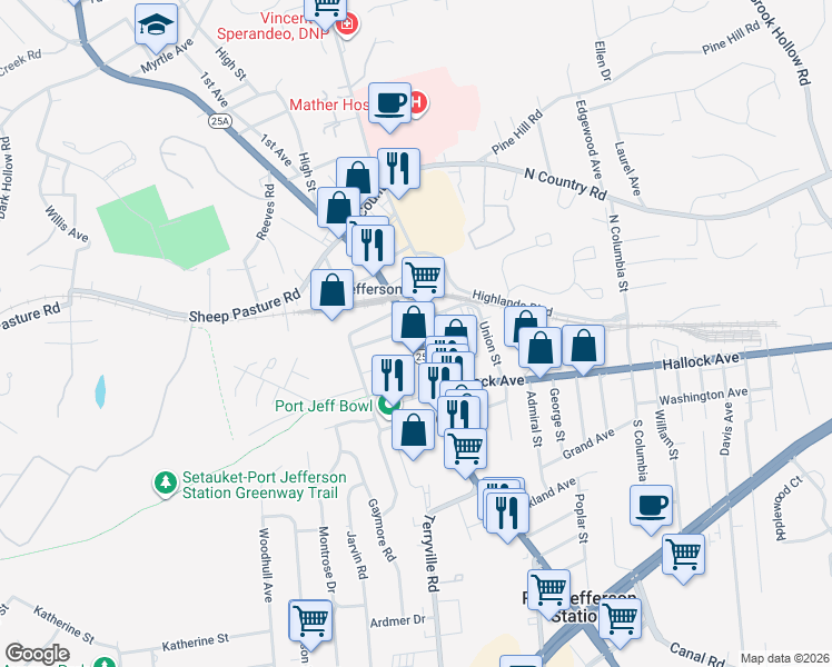 map of restaurants, bars, coffee shops, grocery stores, and more near 203 Patchogue Road in Port Jefferson Station
