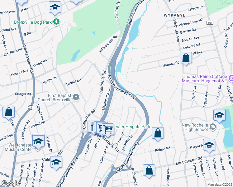 map of restaurants, bars, coffee shops, grocery stores, and more near 100 Oregon Avenue in Bronxville