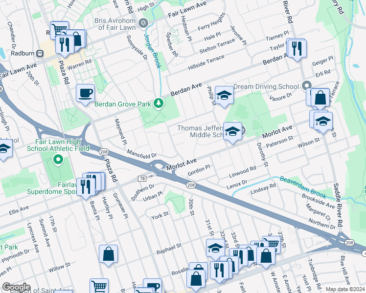 map of restaurants, bars, coffee shops, grocery stores, and more near 6 Maywood Court in Fair Lawn