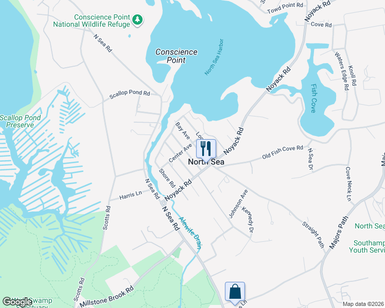 map of restaurants, bars, coffee shops, grocery stores, and more near 38 Oak Avenue in Southampton