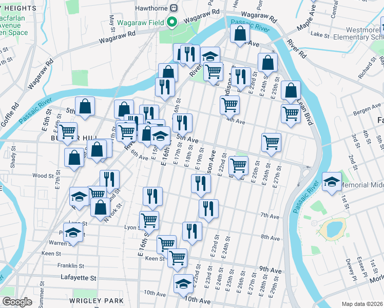 map of restaurants, bars, coffee shops, grocery stores, and more near 191 East 18th Street in Paterson