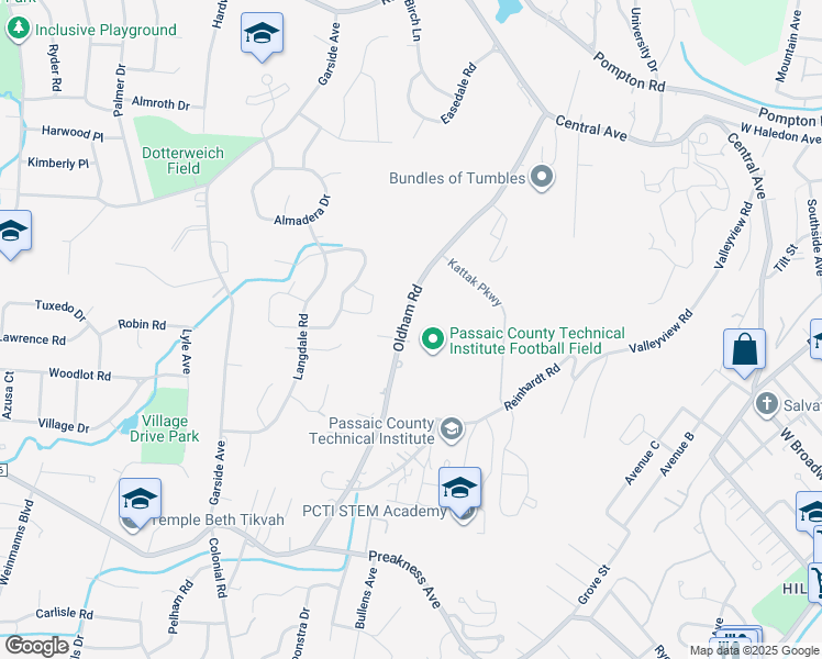 map of restaurants, bars, coffee shops, grocery stores, and more near 206 Oldham Road in Wayne