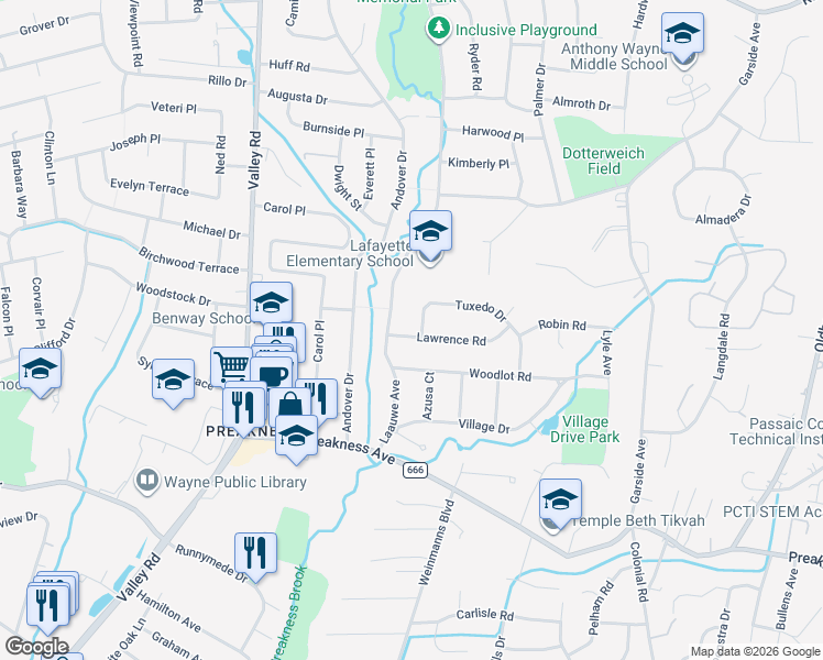 map of restaurants, bars, coffee shops, grocery stores, and more near 11 Lawrence Road in Wayne