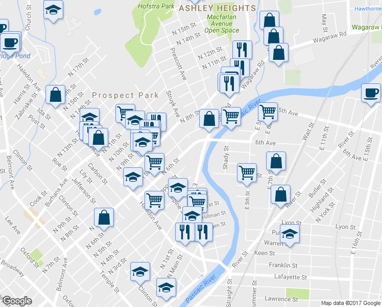 map of restaurants, bars, coffee shops, grocery stores, and more near 320 North 6th Street in Prospect Park