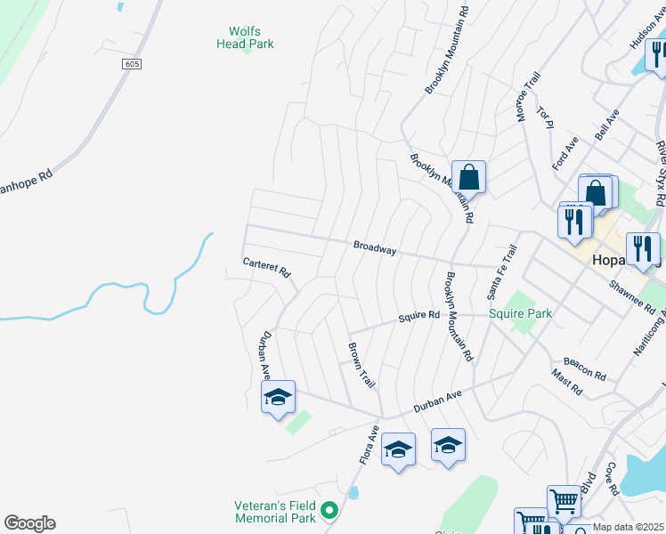 map of restaurants, bars, coffee shops, grocery stores, and more near 208 Brown Trail in Hopatcong