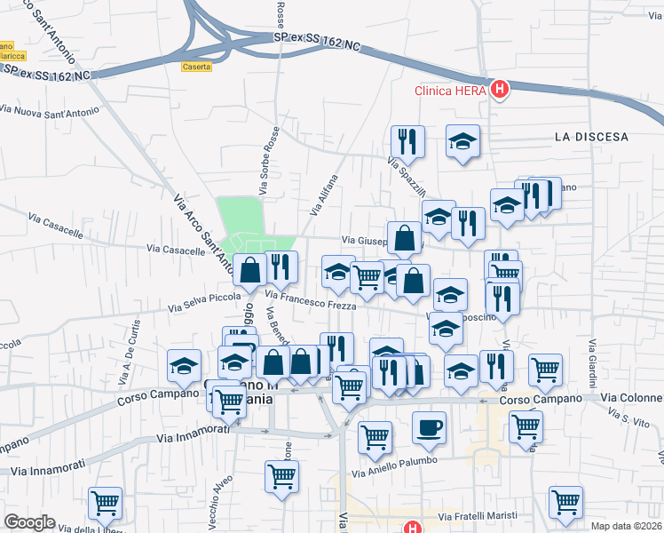 map of restaurants, bars, coffee shops, grocery stores, and more near 17 Via Francesco Cilea in Giugliano in Campania