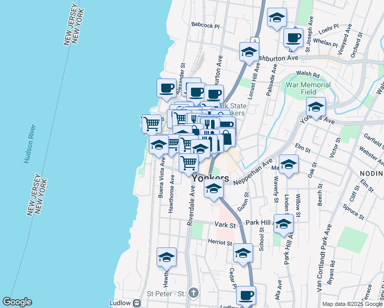 map of restaurants, bars, coffee shops, grocery stores, and more near 15 Riverdale Avenue in Yonkers