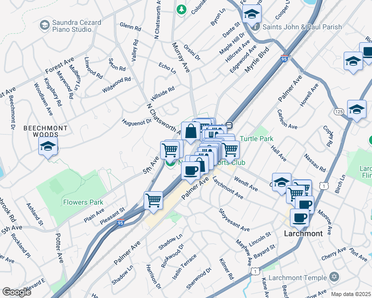 map of restaurants, bars, coffee shops, grocery stores, and more near 2 Washington Square in Larchmont