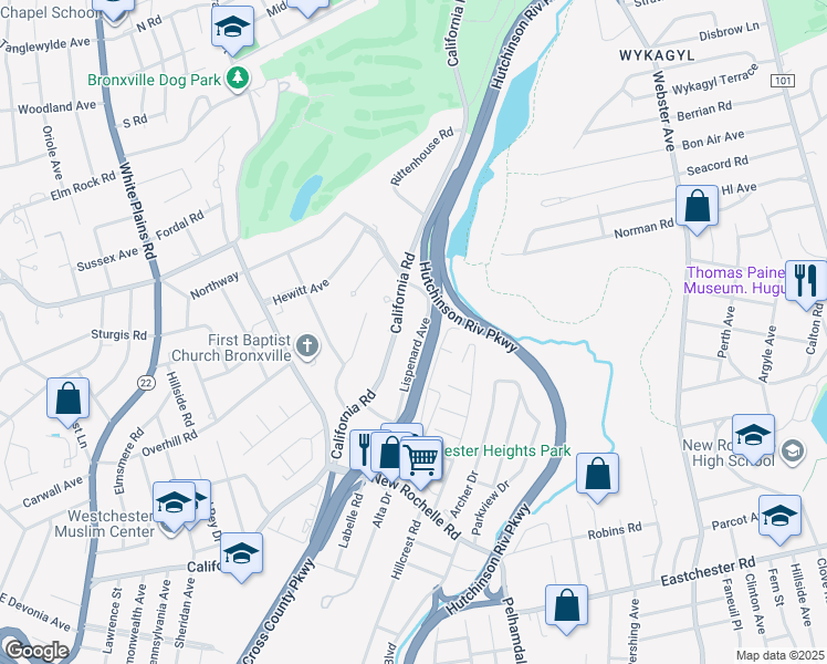 map of restaurants, bars, coffee shops, grocery stores, and more near 478 California Road in Bronxville