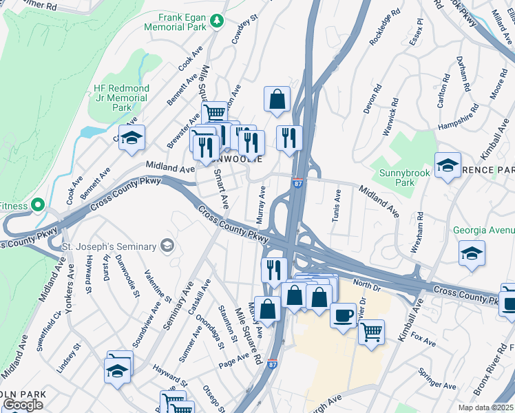 map of restaurants, bars, coffee shops, grocery stores, and more near 203 Murray Avenue in Yonkers
