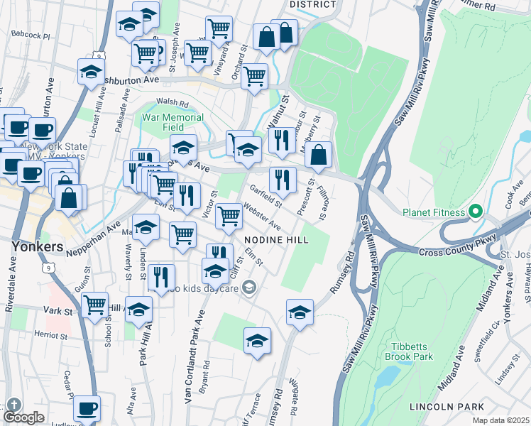 map of restaurants, bars, coffee shops, grocery stores, and more near 129 Webster Avenue in Yonkers