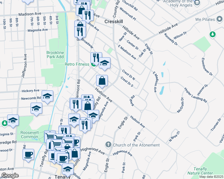map of restaurants, bars, coffee shops, grocery stores, and more near 288 County Road in Tenafly