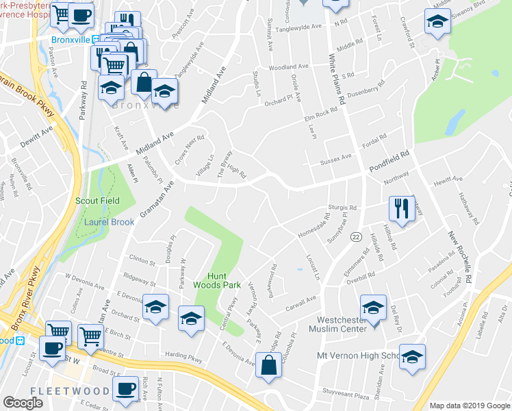 map of restaurants, bars, coffee shops, grocery stores, and more near 8 Wood End Lane in Bronxville