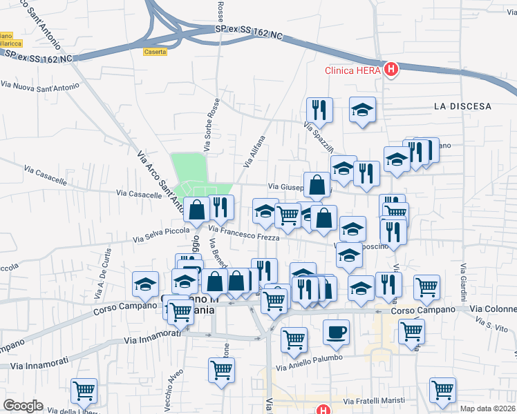 map of restaurants, bars, coffee shops, grocery stores, and more near 17 Via Francesco Cilea in Giugliano in Campania